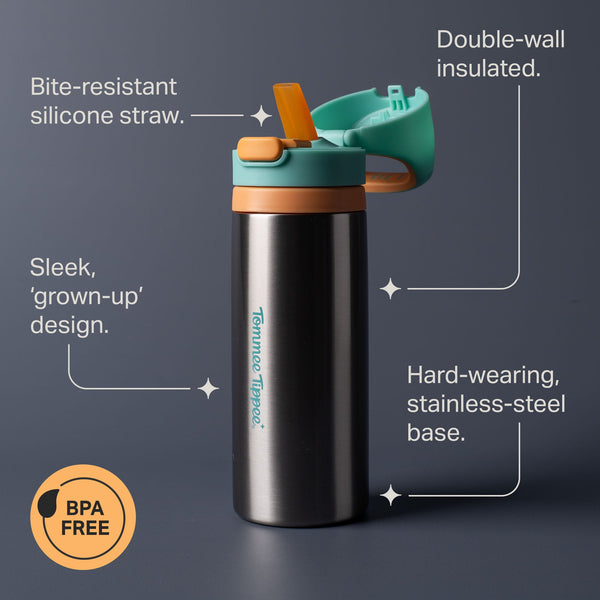 Tommee Tippee On-the-Go Stainless Steel Insulated Bottle with the lid open to show the straw against a grey background with pointers calling out the key features including 
