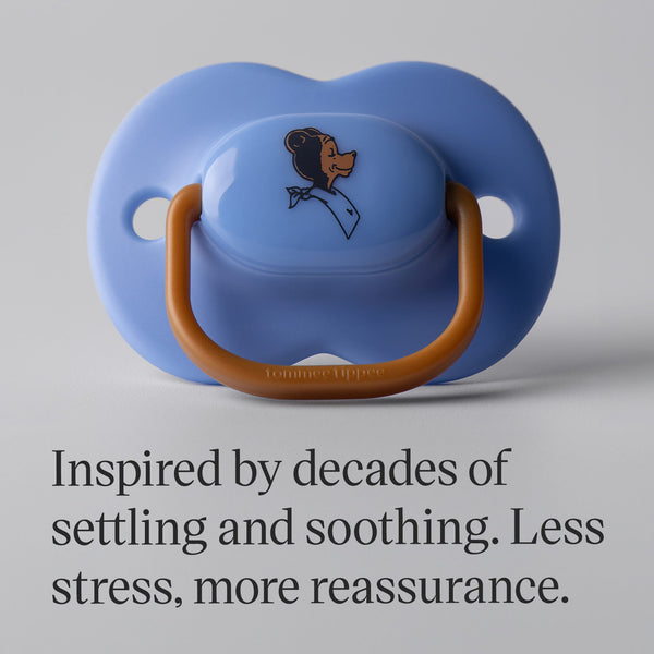 Blue soother against a grey background with text overlay of product USP tagline