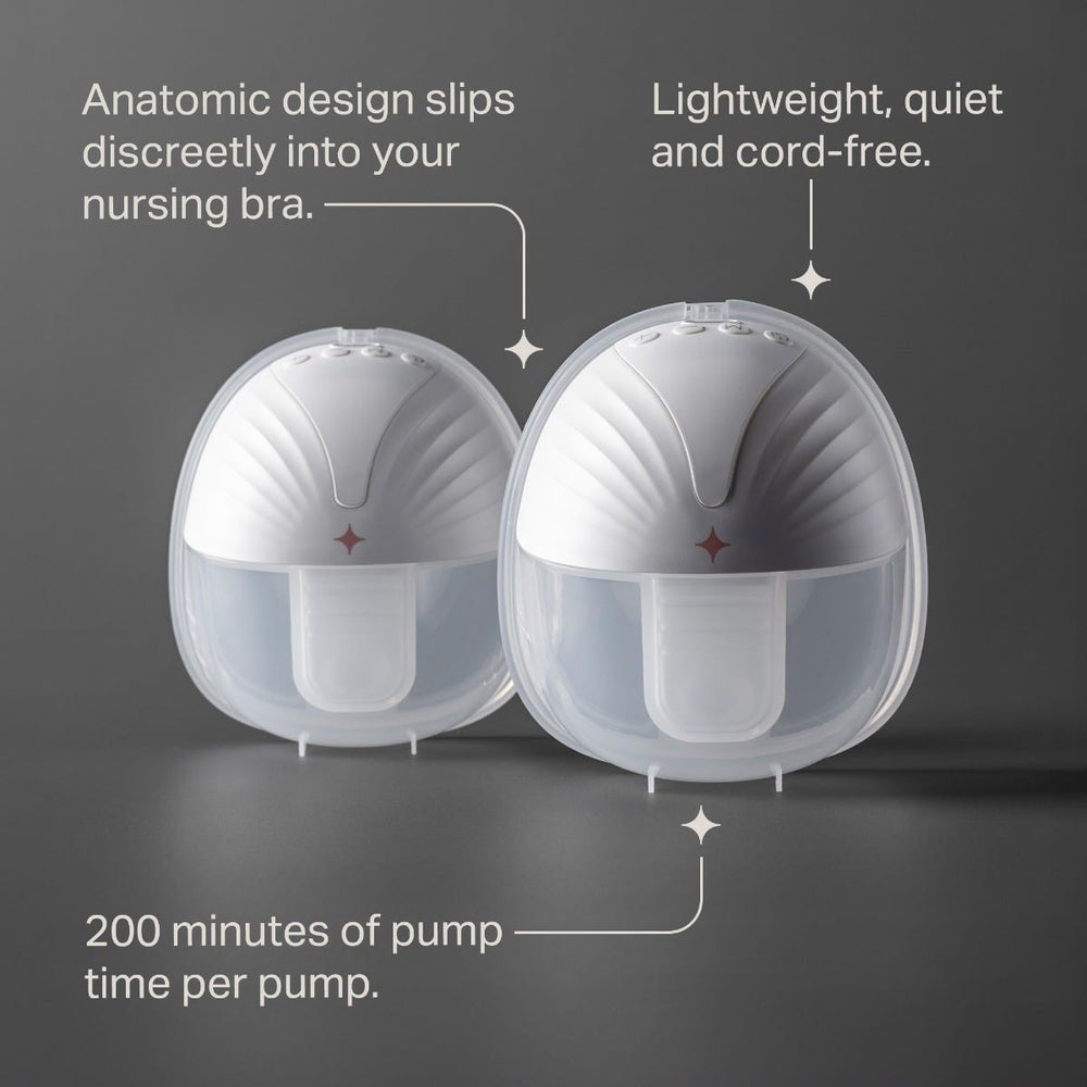 Double wearable pumps against a charcoal background with pointers anatomic design fits discreetly in your bra lightweight quiet and cord-free and 200 minutes of pump time.
