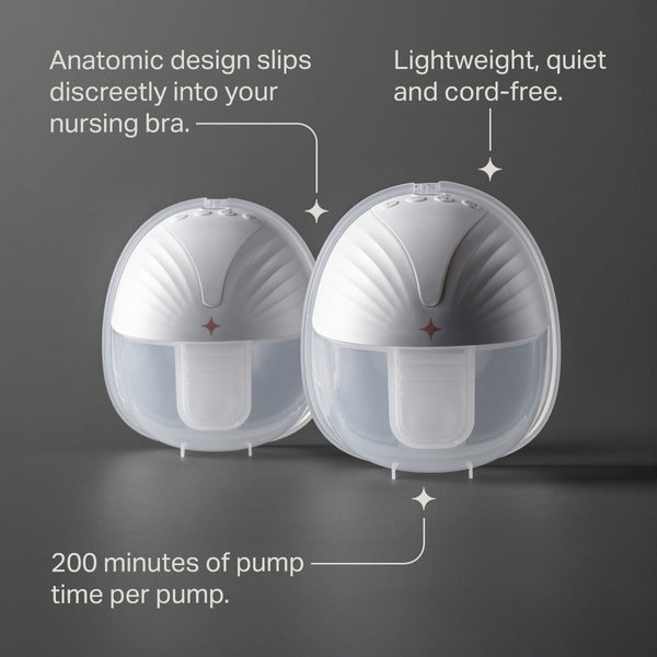 Double wearable pumps against a charcoal background with pointers anatomic design fits discreetly in your bra lightweight quiet and cord-free and 200 minutes of pump time.