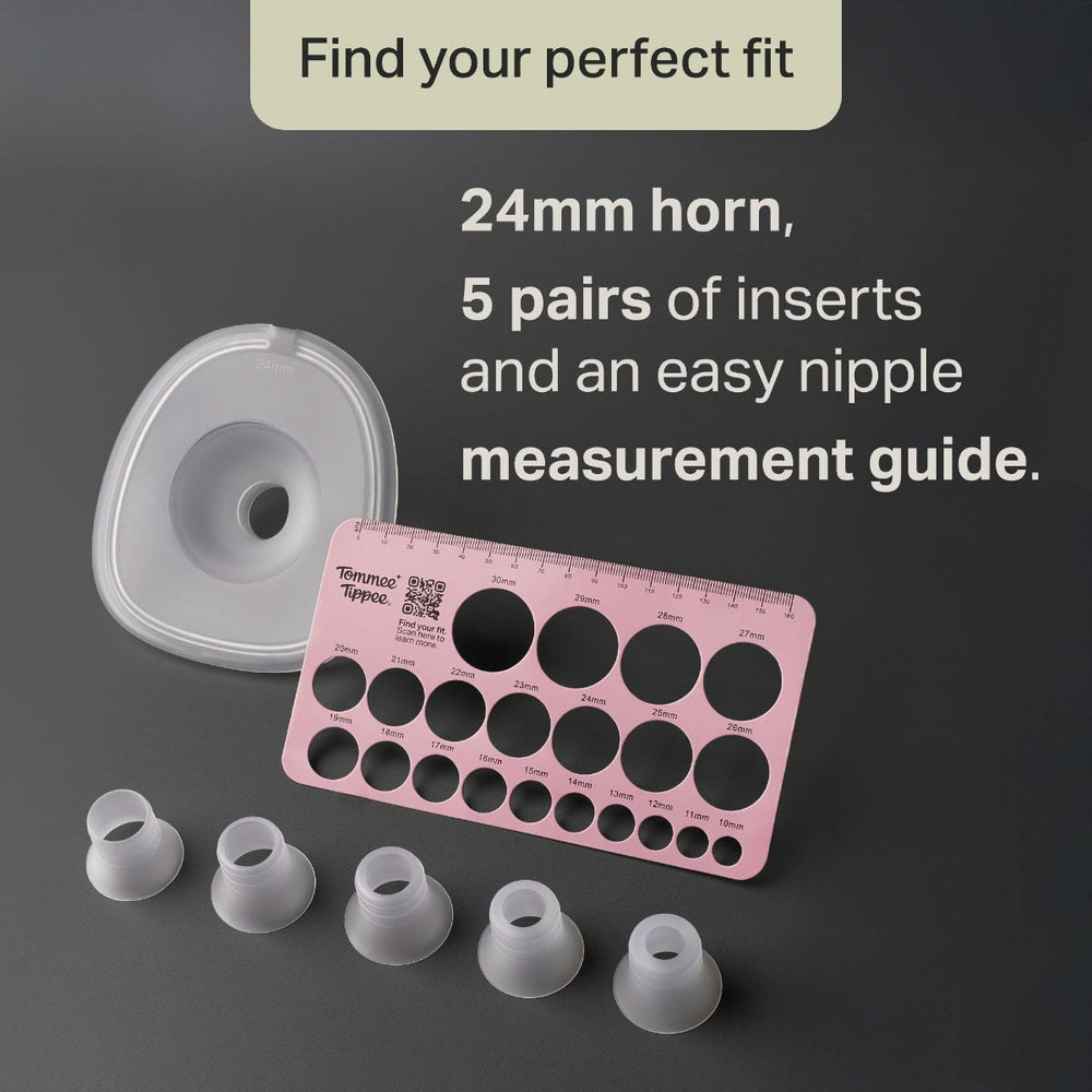 Horn nipple measurement guide and 5 size inserts against a charcoal background with text overlay: Find your perfect fit. 24mm horn 5 pairs of inserts and a measurement guide.
