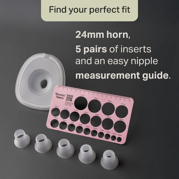 Horn nipple measurement guide and 5 size inserts against a charcoal background with text overlay: Find your perfect fit. 24mm horn 5 pairs of inserts and a measurement guide.