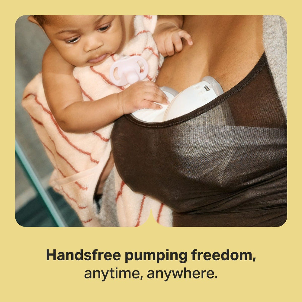 Parent expressing with two in-bra wearable breast pumps above text Handsfree pumping freedom anytime anywhere.
