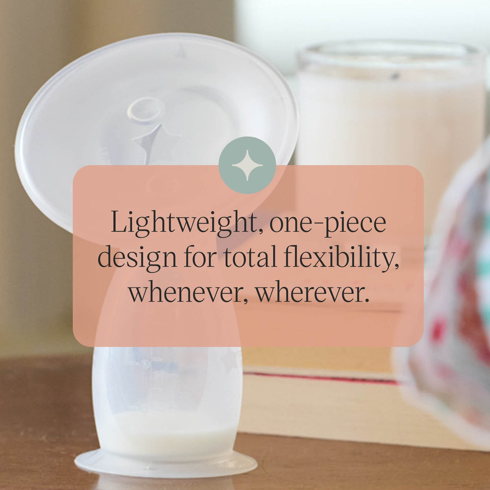 Silicone Breast Pump containing milk with text about the lightweight design.