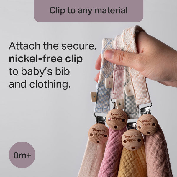Paci holder clipped to different materials with information on the clip fastening.