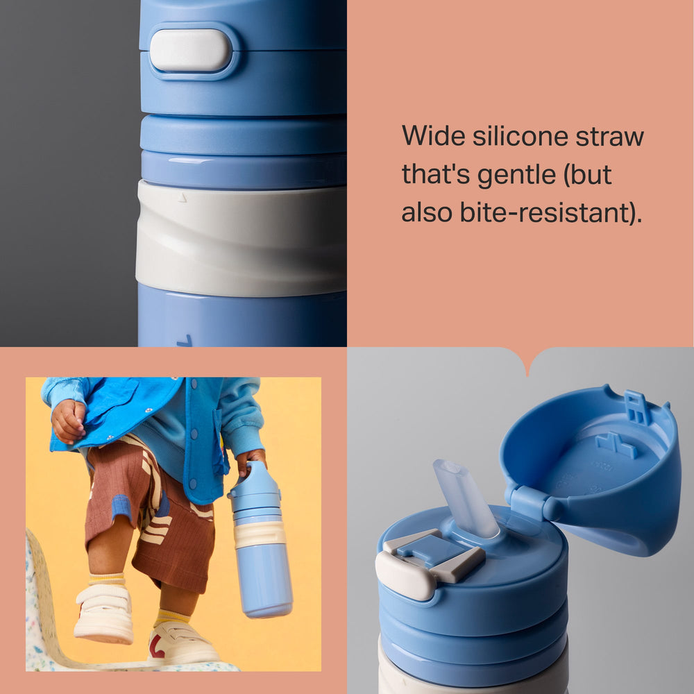 Grid of a toddler carrying an on-the-go straw cup and two close up shots of on-the-go cups with product feature text