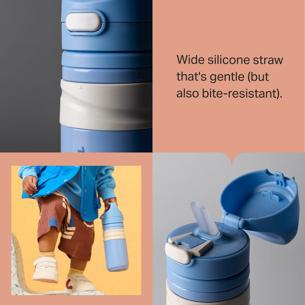 Grid of a toddler carrying an on-the-go straw cup and two close up shots of on-the-go cups with product feature text