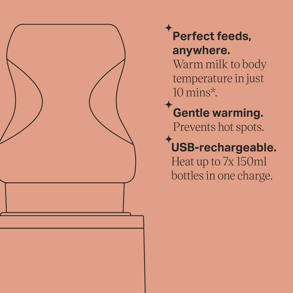 LetsGo bottle warmer keyline drawing with product feature bullets