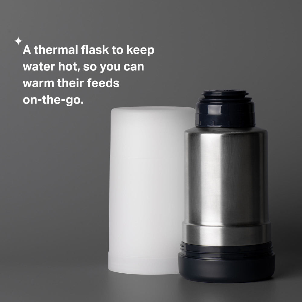 Thermal flask next to frosted base against a grey background with product USP tagline