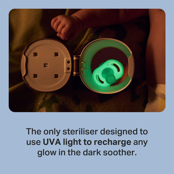 Charged Ultra-light NightGlow soother in the NightGlow Pod with key feature text.