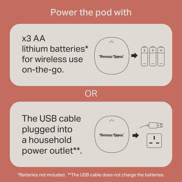 Instructions to power the pod with x3 AA lithium batteries for wireless or connect with the USB cable and a plug.