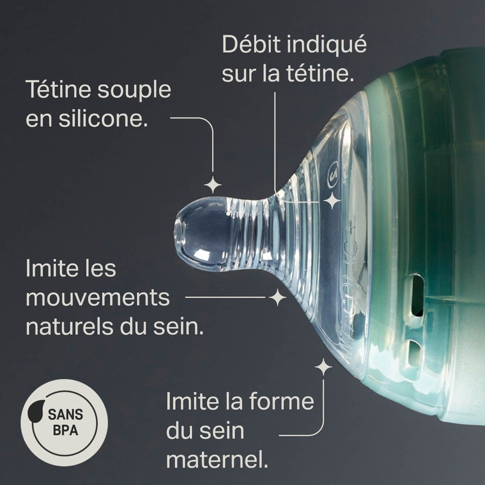 Tétine de biberon anti-colique avancée posée sur le côté sur un fond gris avec des pointeurs sur les principales caractéristiques du produit
