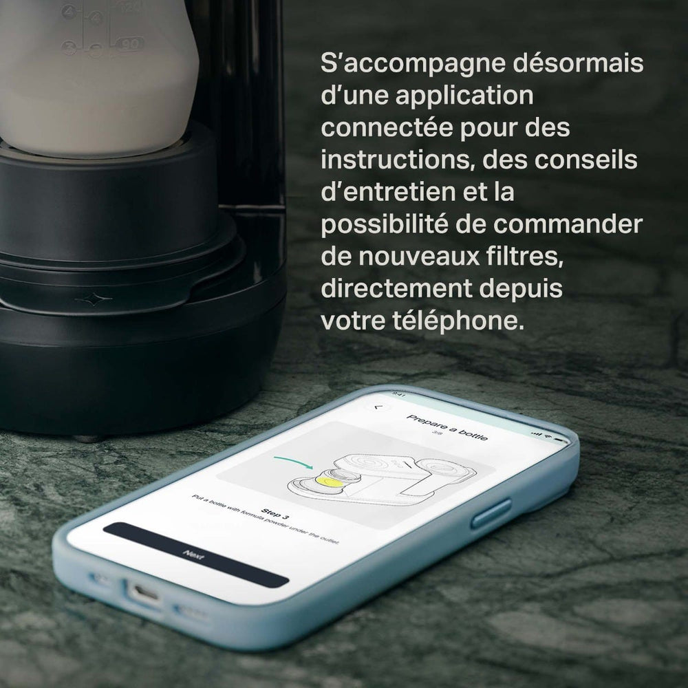 Image d'un smartphone à côté d'une machine Perfect Prep avec un texte superposé contenant un message sur le produit
