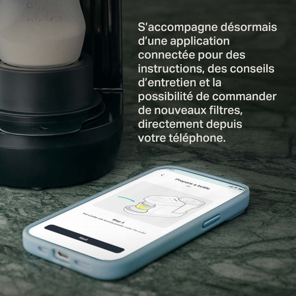 Image d'un smartphone à côté d'une machine Perfect Prep avec un texte superposé contenant un message sur le produit