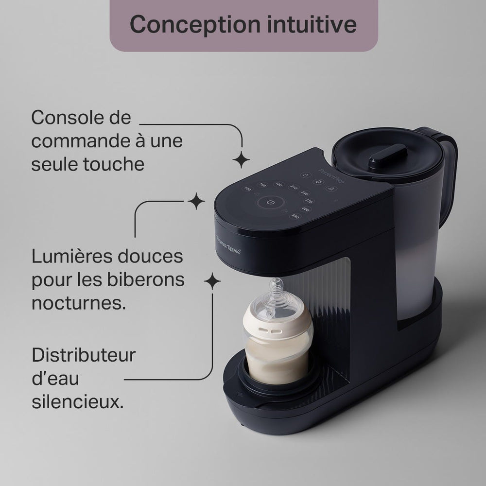 Machine Perfect Prep sur fond gris avec des indications sur les principales caractéristiques du produit