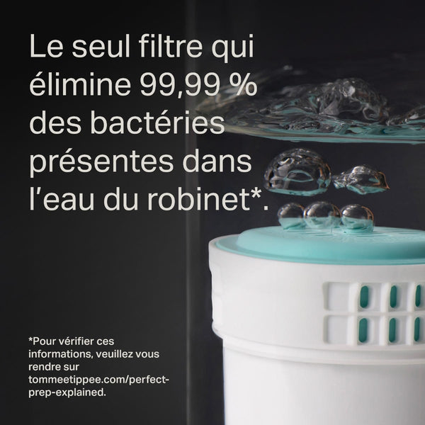 Filtre Perfect Prep immergé dans l'eau avec des bulles qui en sortent et un texte en surimpression expliquant comment il élimine les bactéries de l'eau du robinet