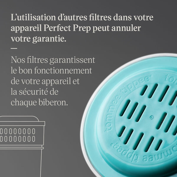 Gros plan de la partie supérieure d'un filtre Perfect Prep sur un fond gris avec un texte sur la garantie de la machine