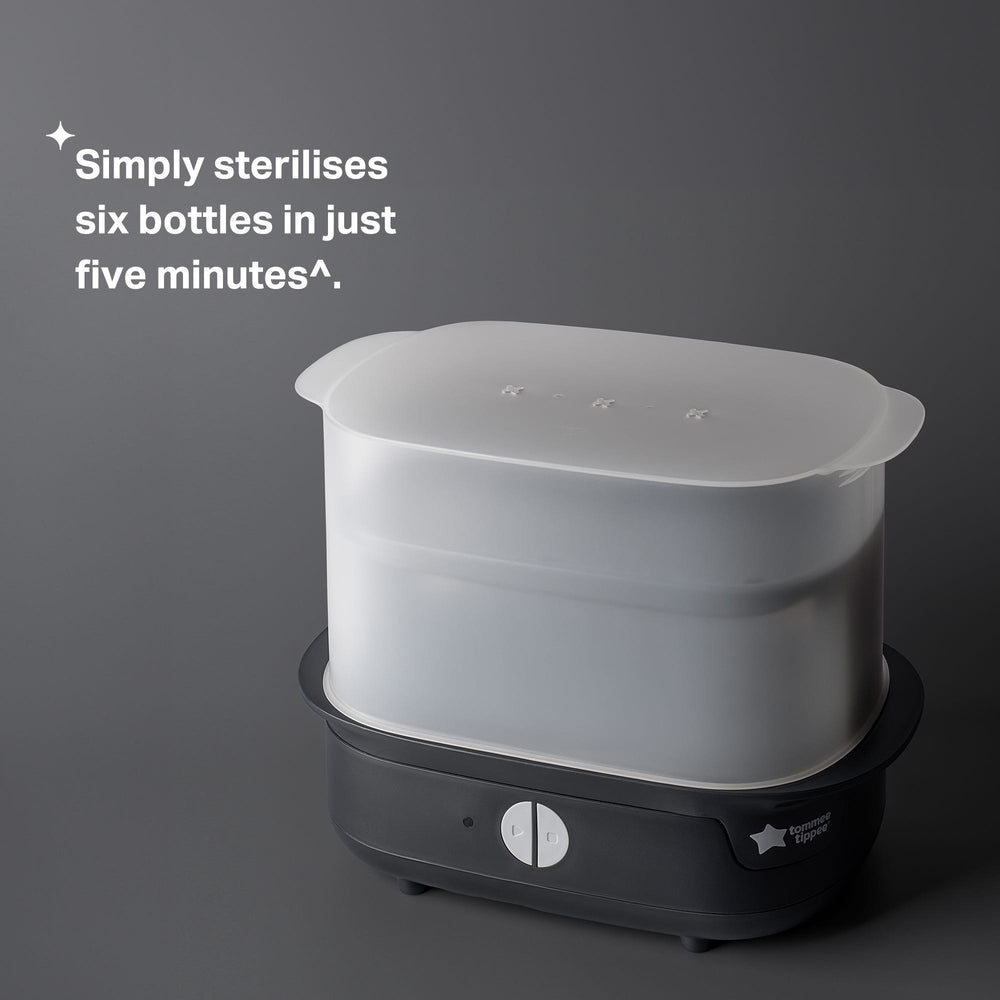 Black steam steriliser against a grey background with product USP tagline