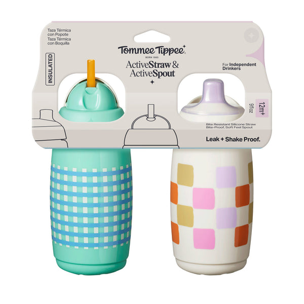 Tomme Tippee Insulated Active Spout and Straw Cups in their packaging against a white background