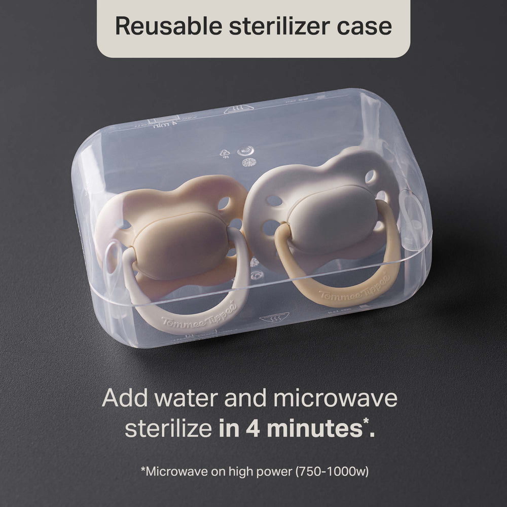 Pacifiers in a reusable sterilizer case with information on how to use.