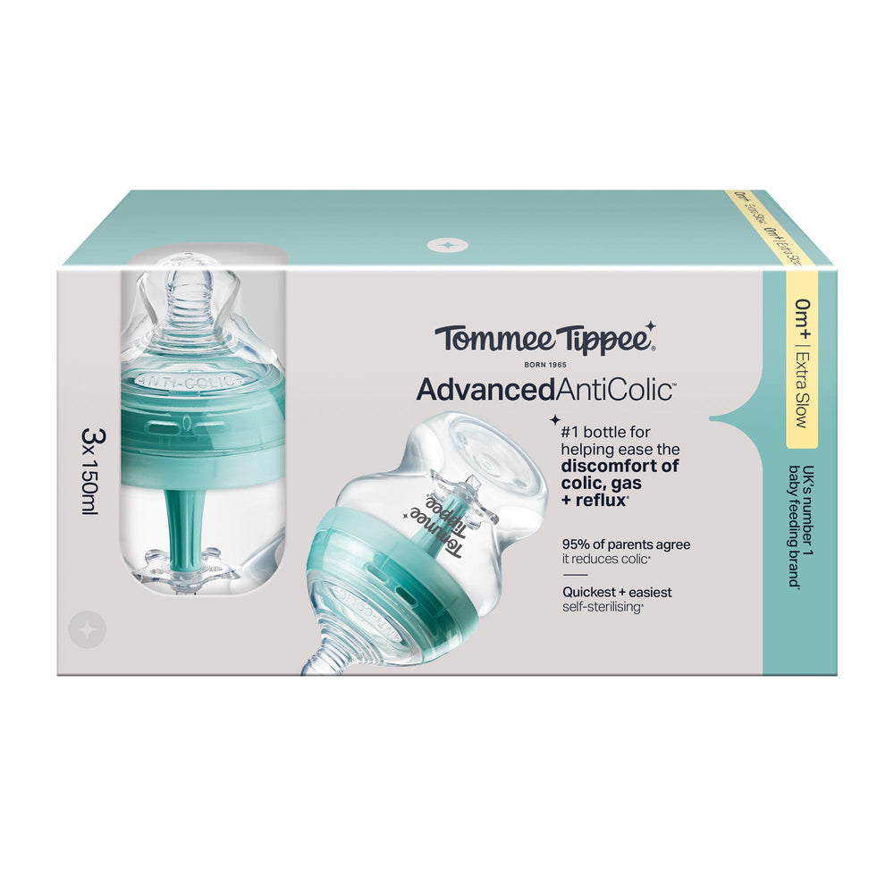 150ml Advanced Anti-Colic baby bottles in their packaging box against a white background