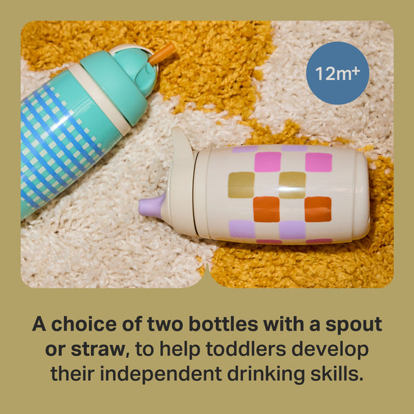 Tomme Tippee Insulated Active Spout and Straw Cups laying on a yellow and white checkerboard rug with text stating 