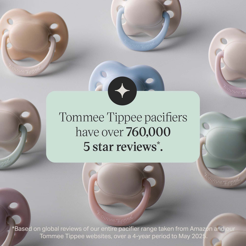 Newborn pacifier range with a parent recommendation statistic overlay.