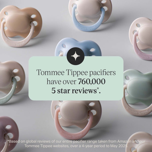 Newborn pacifier range with a parent recommendation statistic overlay.