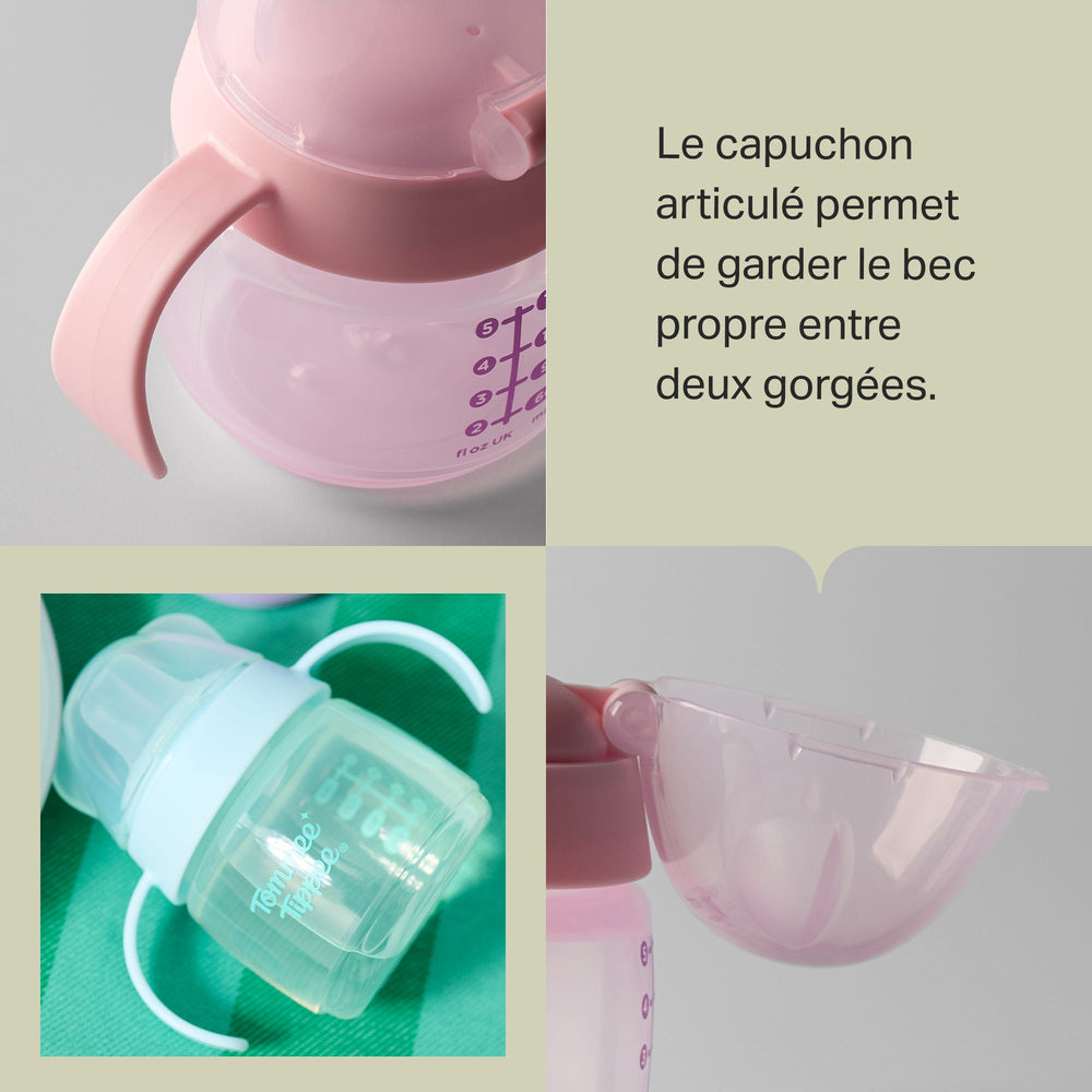 Grille d'images de gobelets à bec de transition de différentes couleurs avec texte des caractéristiques du produit