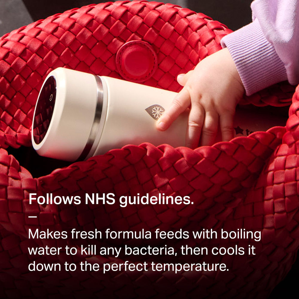 PrepGo cooling flask in a bag with text overlay about how the product follows NHS guidelines