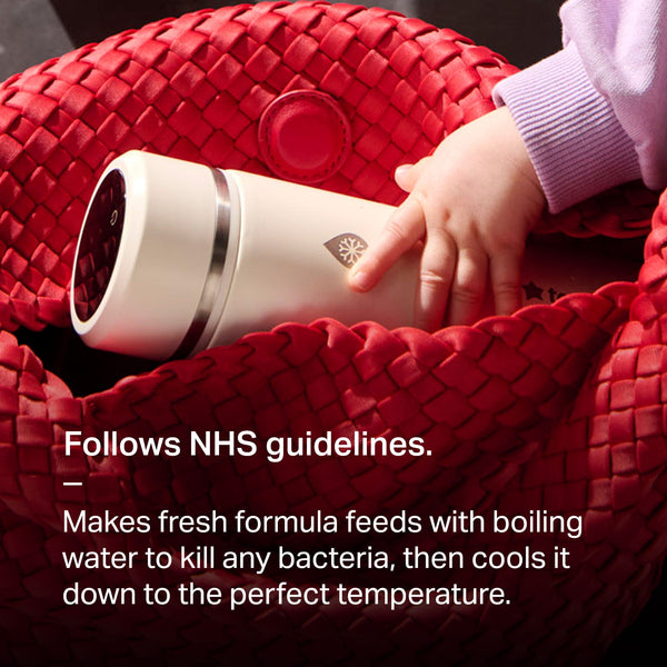 PrepGo cooling flask in a bag with text overlay about how the product follows NHS guidelines