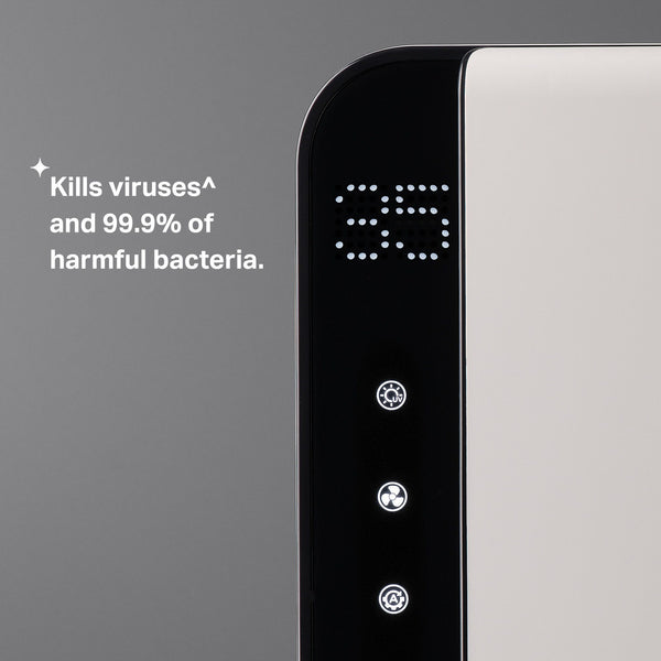 Close up of UV steriliser's digital display with USP tagline