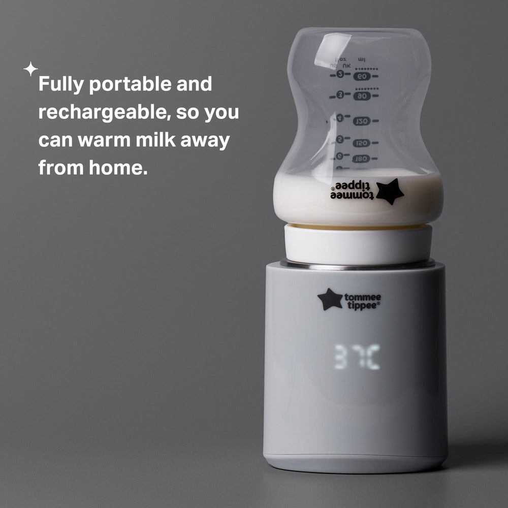 Upside down baby bottle placed on top of LetsGo bottle warmer on a grey background with product USP tagline