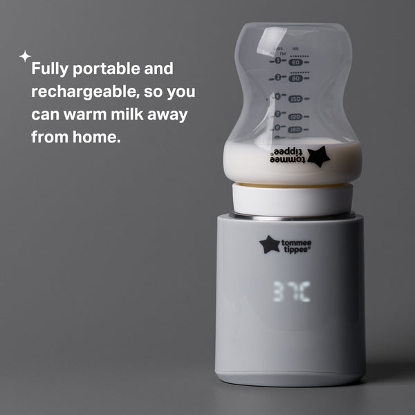 Upside down baby bottle placed on top of LetsGo bottle warmer on a grey background with product USP tagline