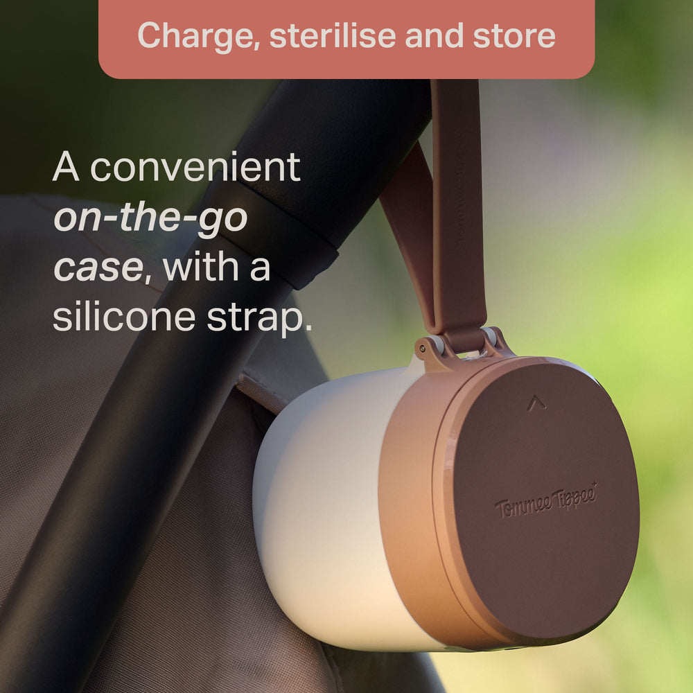 NightGlow Pod silicone strap attached to a pram with text about on-the-go storage and sterilisation.