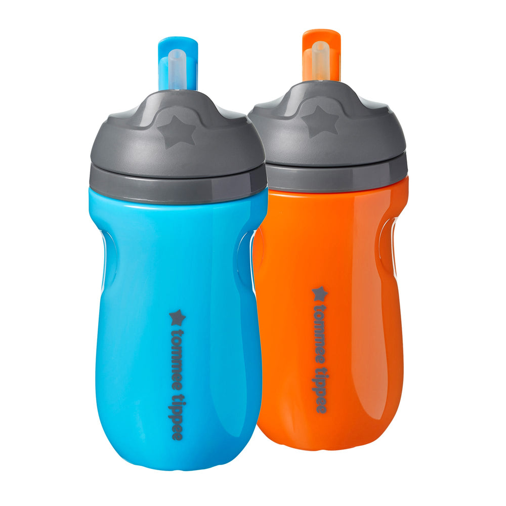 Blue and orange straw cups against a white background