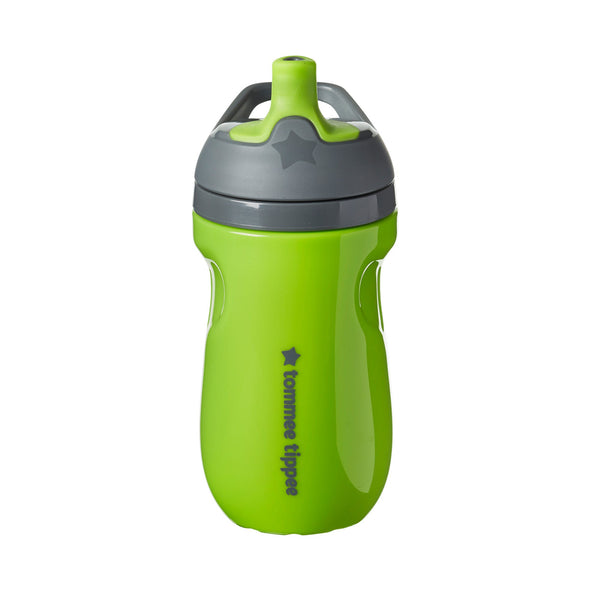 Green sippy cup with gray lid on a white background