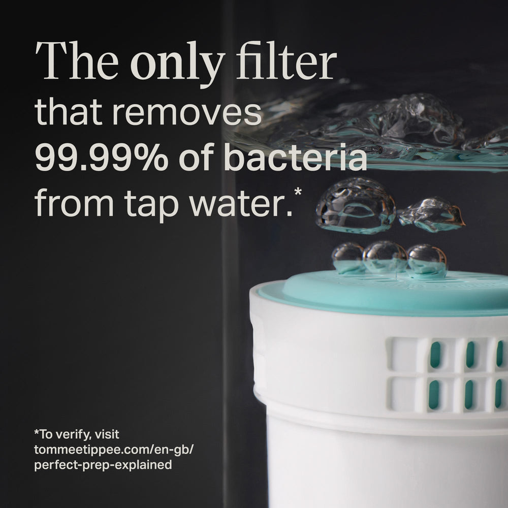 Perfect Prep filter submerged in water with bubbles coming from it with text overlay about how it removes bacteria from tap water