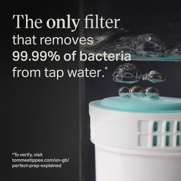 Perfect Prep filter submerged in water with bubbles coming from it with text overlay about how it removes bacteria from tap water