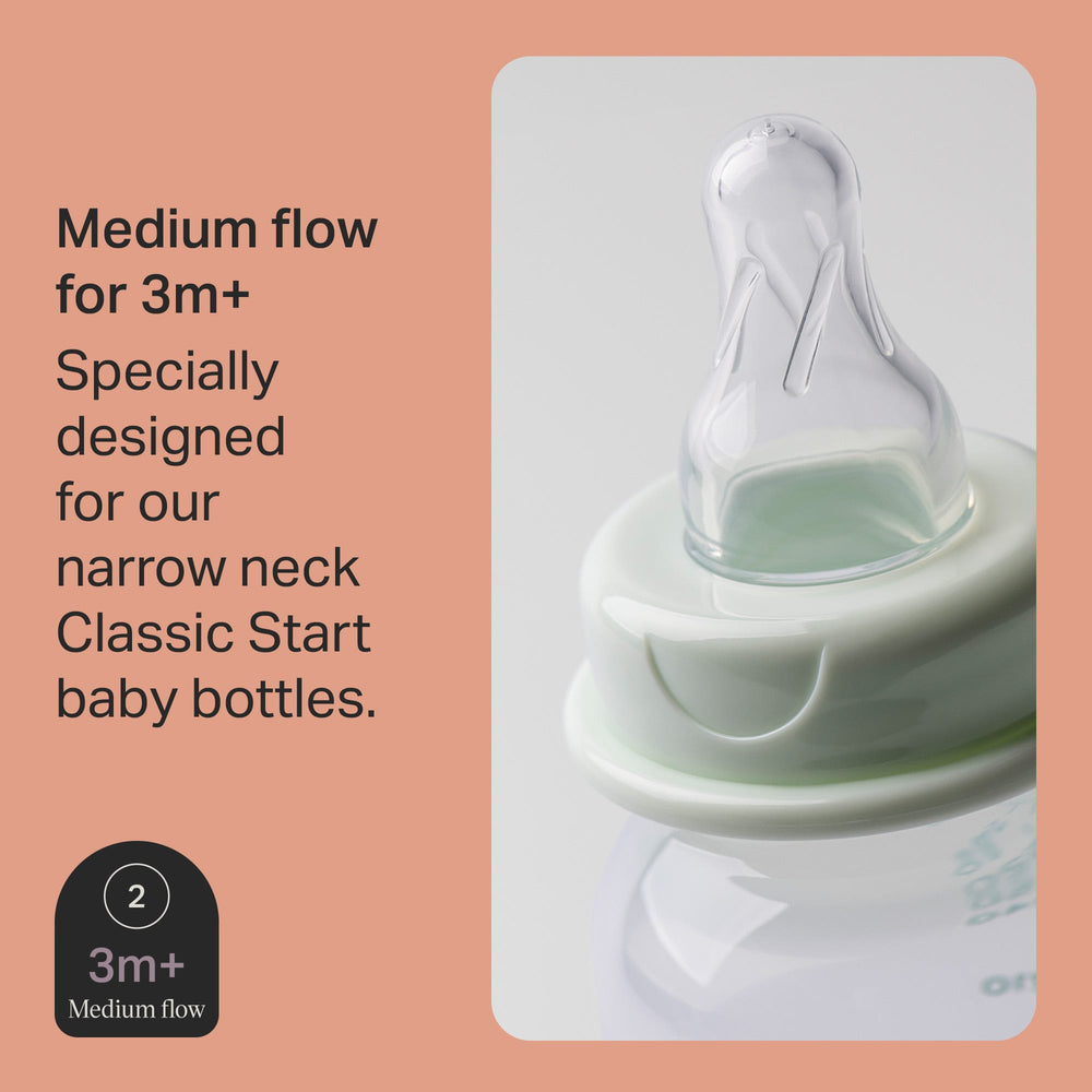 Close up of a Classic Start narrow neck bottle teat with text overlay of product USP