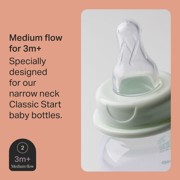 Close up of a Classic Start narrow neck bottle teat with text overlay of product USP
