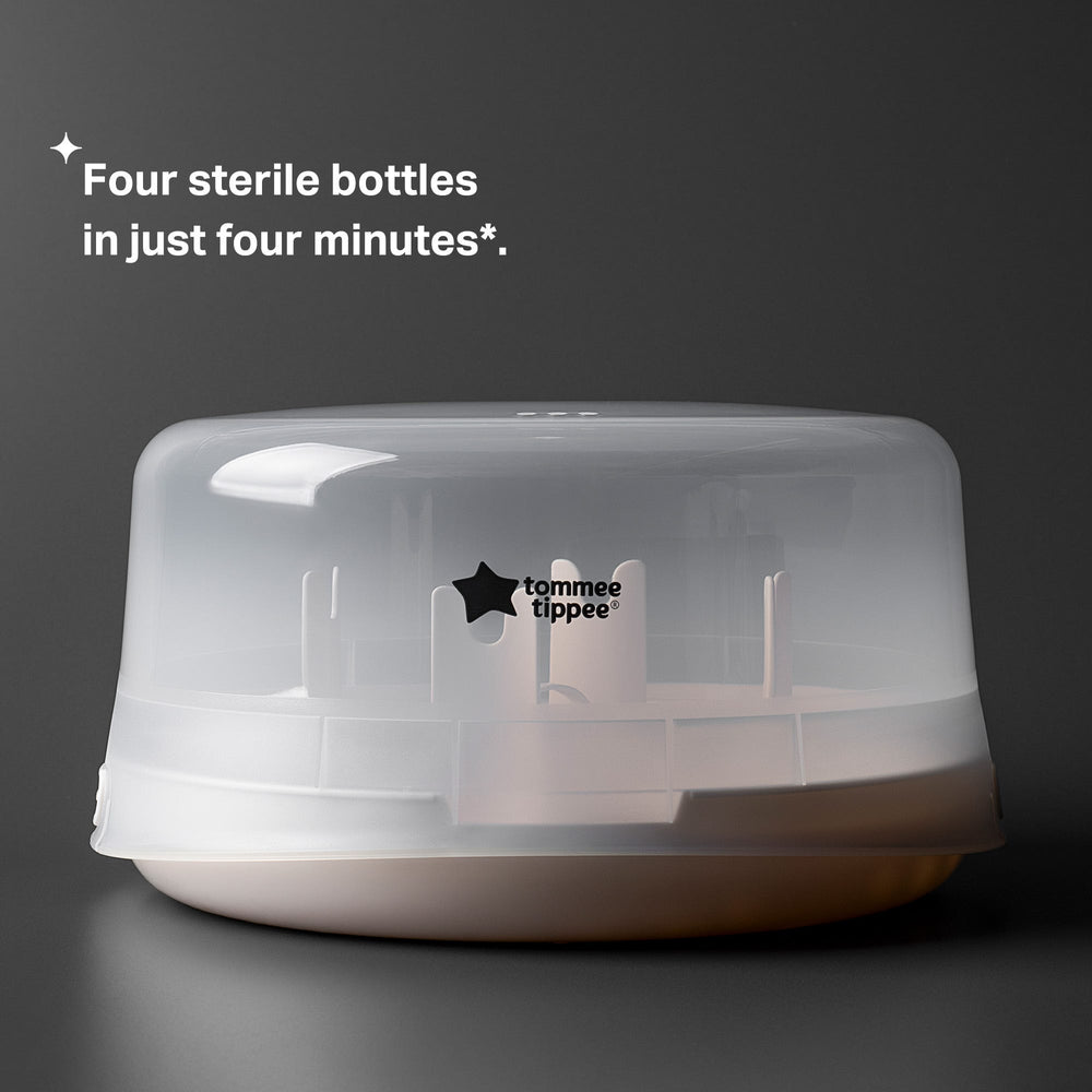 Microwave steriliser against a grey background with product USP tagline