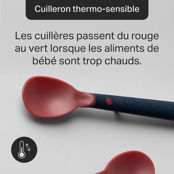 Gros plan de la base de la cuillère de sevrage et du manche surélevé avec un texte sur le changement de couleur.