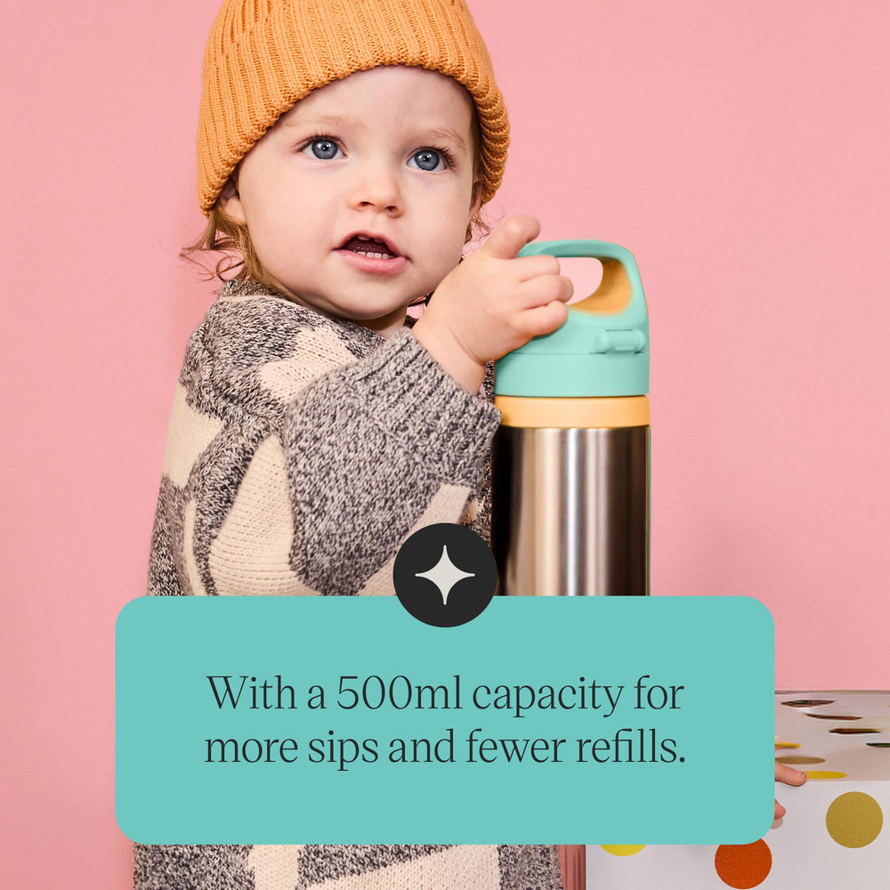 Toddler carrying a Tommee Tippee On-the-Go Stainless Steel Insulated Bottle with text stating 