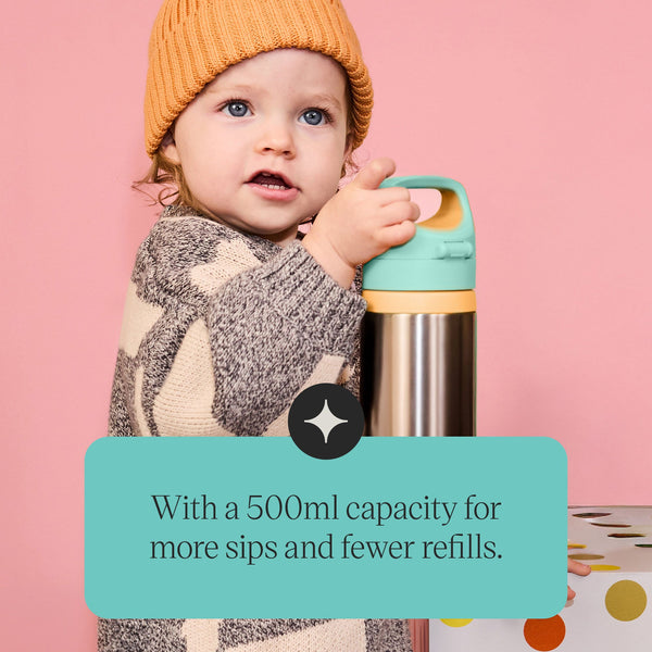 Toddler carrying a Tommee Tippee On-the-Go Stainless Steel Insulated Bottle with text stating 