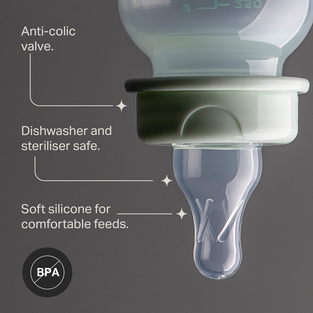 Classic Start narrow neck bottle upside down against a grey background with pointers to the key product features