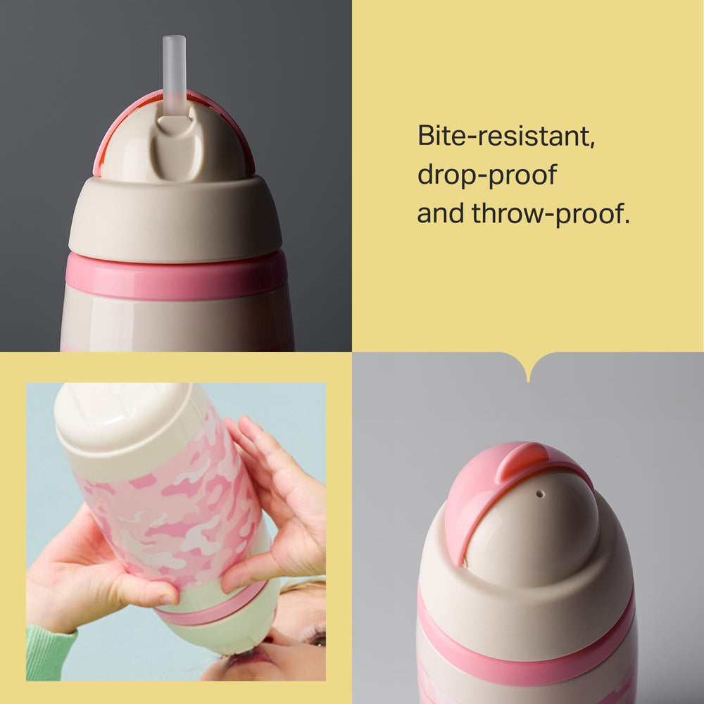 Grid of a toddler drinking from a pink camo straw cup and two close up shots of pink camo straw cups with product feature text