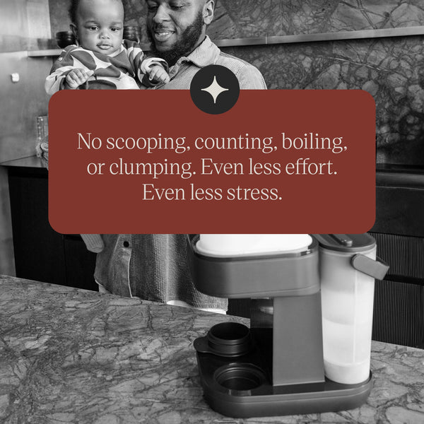Black and white image of a Perfect Prep Pro on a kitchen worktop with a man holding a toddler in the background with text overlay of product feature
