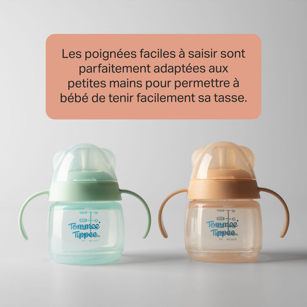 Tasses à bec de transition vertes et orange sur fond gris avec texte en surimpression sur le message du produit