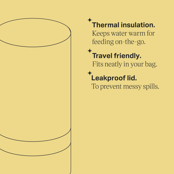 Travel bottle warmer keyline drawing with product feature bullets